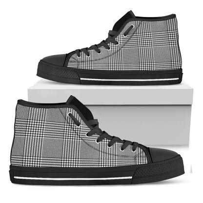 Black And White Glen Plaid Print Black High Top Shoes