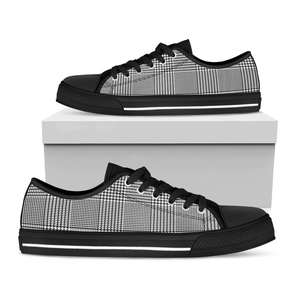 Black And White Glen Plaid Print Black Low Top Shoes