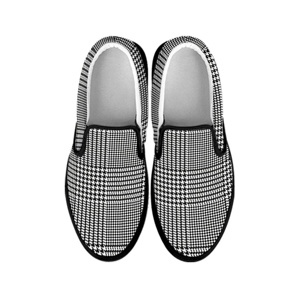 Black And White Glen Plaid Print Black Slip On Shoes