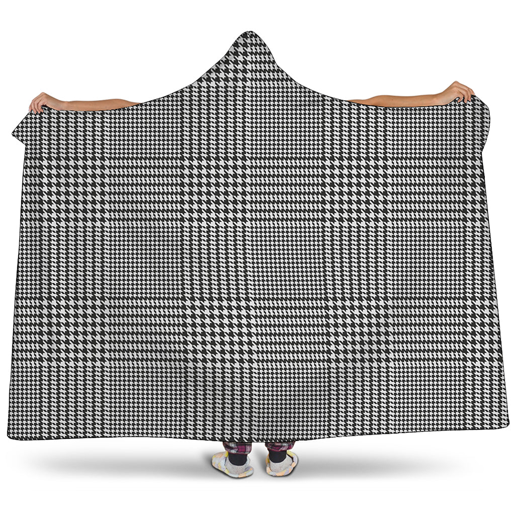 Black And White Glen Plaid Print Hooded Blanket