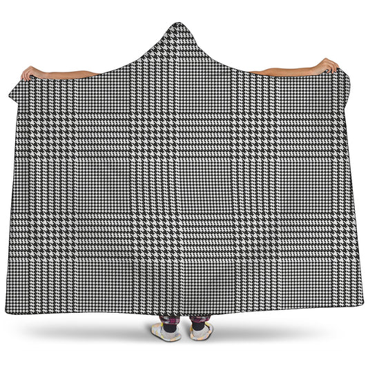 Black And White Glen Plaid Print Hooded Blanket