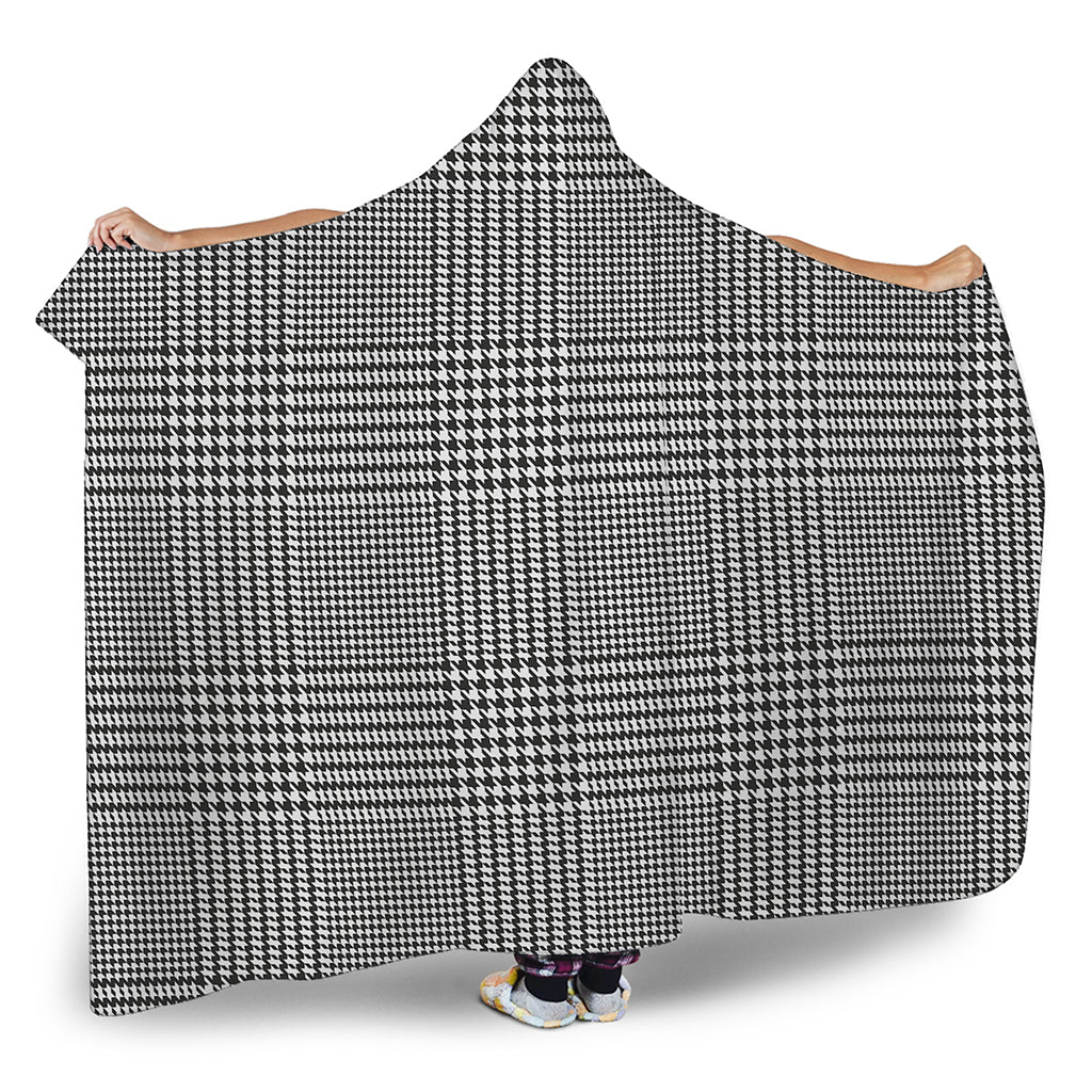 Black And White Glen Plaid Print Hooded Blanket