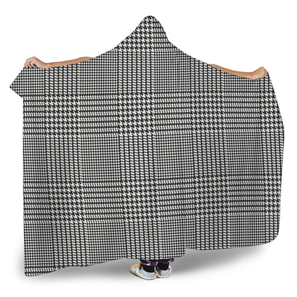 Black And White Glen Plaid Print Hooded Blanket