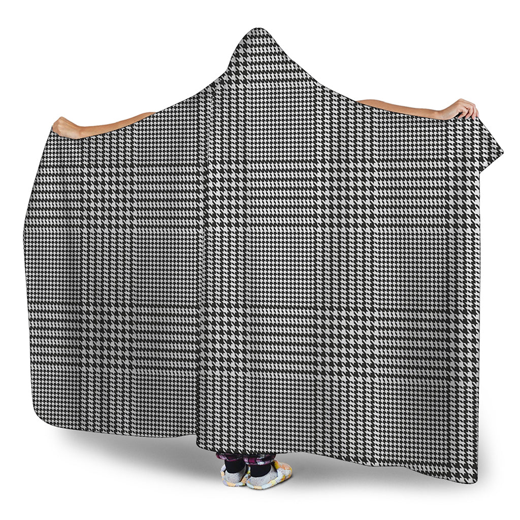 Black And White Glen Plaid Print Hooded Blanket