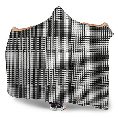 Black And White Glen Plaid Print Hooded Blanket