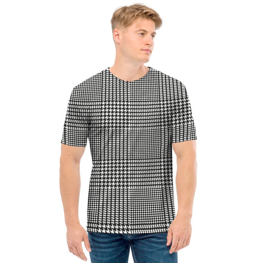 Black And White Glen Plaid Print Men's T-Shirt