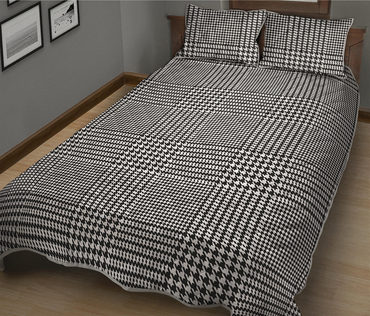 Black And White Glen Plaid Print Quilt Bed Set