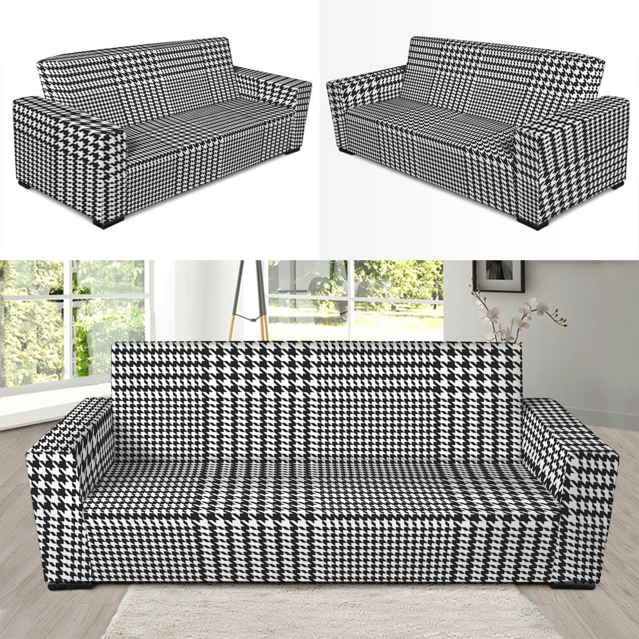 Black And White Glen Plaid Print Sofa Slipcover