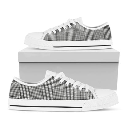Black And White Glen Plaid Print White Low Top Shoes