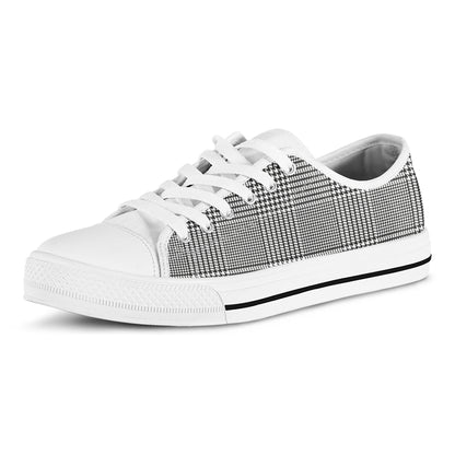 Black And White Glen Plaid Print White Low Top Shoes