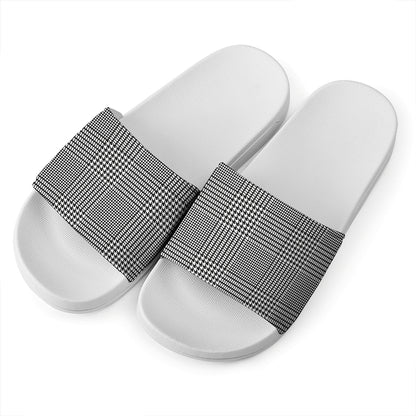 Black And White Glen Plaid Print White Slide Sandals