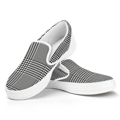Black And White Glen Plaid Print White Slip On Shoes
