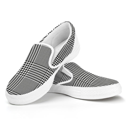 Black And White Glen Plaid Print White Slip On Shoes