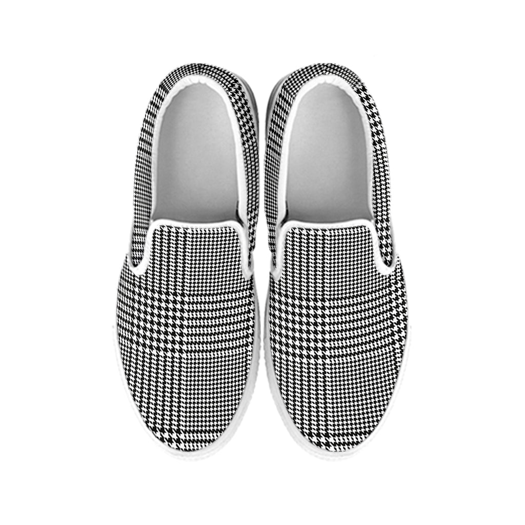 Black And White Glen Plaid Print White Slip On Shoes