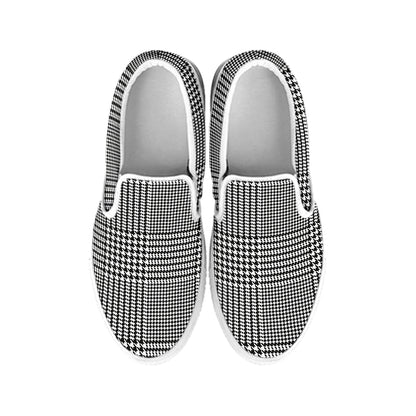 Black And White Glen Plaid Print White Slip On Shoes
