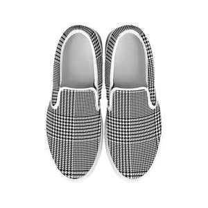 Black And White Glen Plaid Print White Slip On Shoes