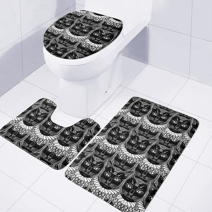 Black And White Gothic Wiccan Cat Print 3 Piece Bath Mat Set