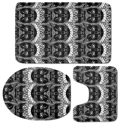 Black And White Gothic Wiccan Cat Print 3 Piece Bath Mat Set
