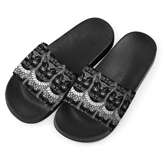 Black And White Gothic Wiccan Cat Print Black Slide Sandals