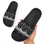 Black And White Gothic Wiccan Cat Print Black Slide Sandals