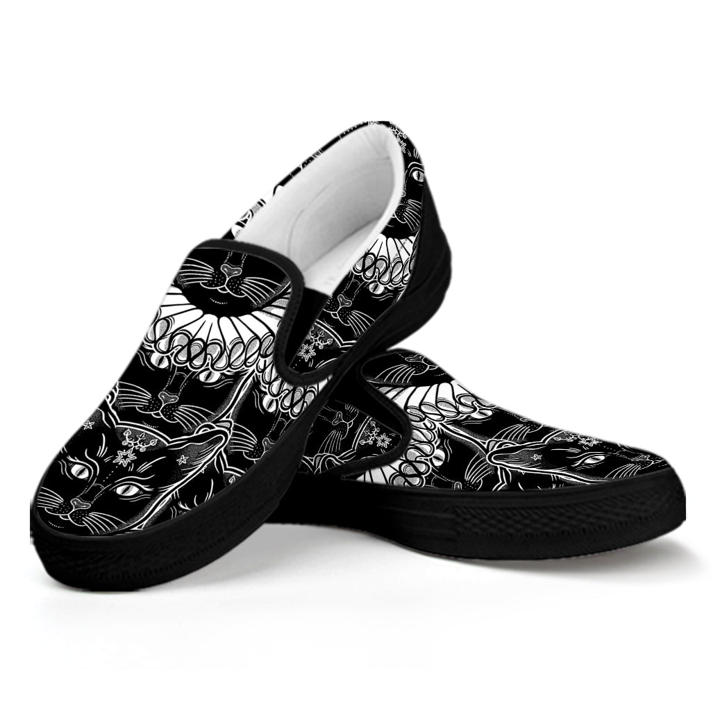 Black And White Gothic Wiccan Cat Print Black Slip On Shoes