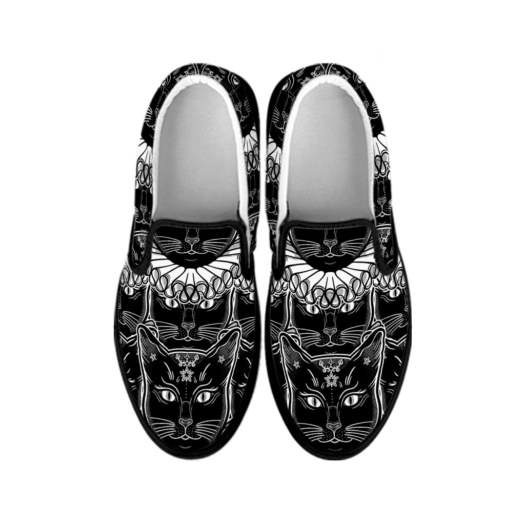 Black And White Gothic Wiccan Cat Print Black Slip On Shoes