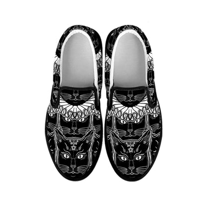 Black And White Gothic Wiccan Cat Print Black Slip On Shoes