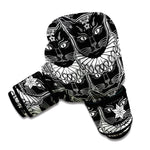 Black And White Gothic Wiccan Cat Print Boxing Gloves