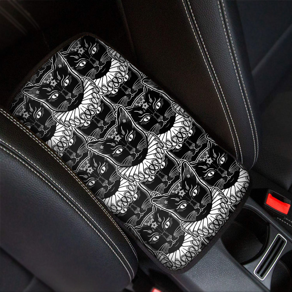 Black And White Gothic Wiccan Cat Print Car Center Console Cover