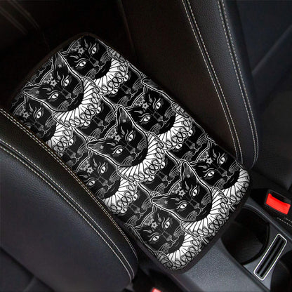 Black And White Gothic Wiccan Cat Print Car Center Console Cover