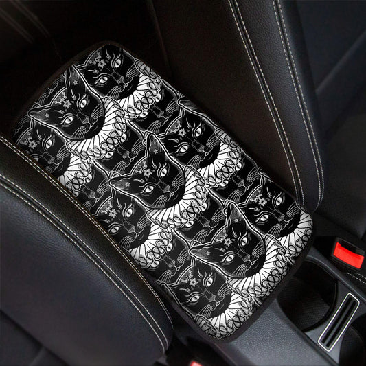 Black And White Gothic Wiccan Cat Print Car Center Console Cover
