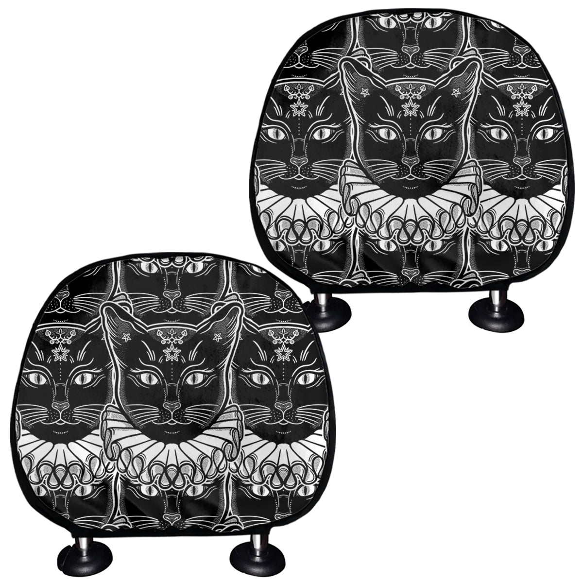 Black And White Gothic Wiccan Cat Print Car Headrest Covers