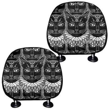 Black And White Gothic Wiccan Cat Print Car Headrest Covers
