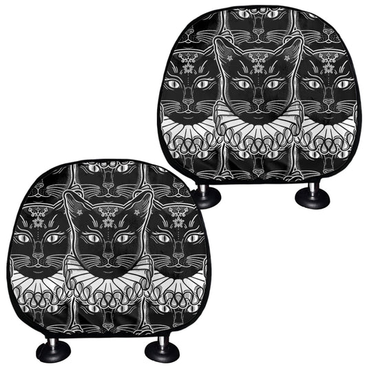Black And White Gothic Wiccan Cat Print Car Headrest Covers