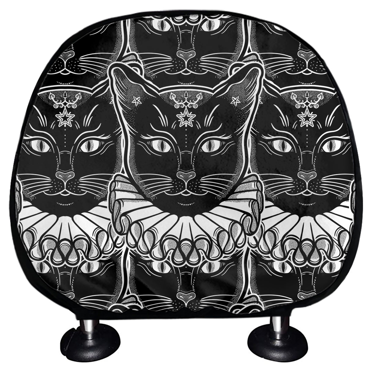 Black And White Gothic Wiccan Cat Print Car Headrest Covers
