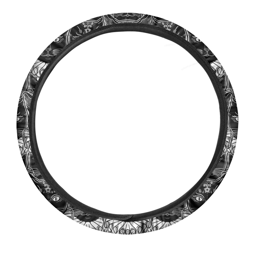 Black And White Gothic Wiccan Cat Print Car Steering Wheel Cover