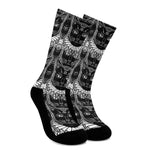 Black And White Gothic Wiccan Cat Print Crew Socks