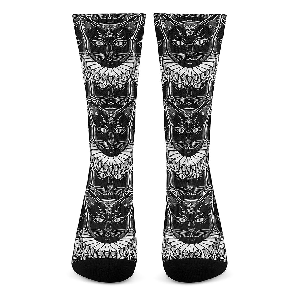 Black And White Gothic Wiccan Cat Print Crew Socks