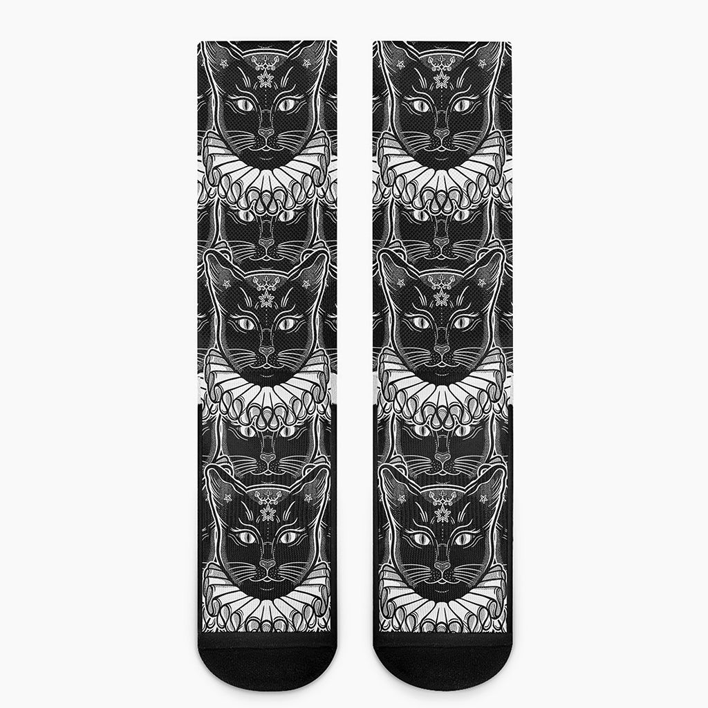 Black And White Gothic Wiccan Cat Print Crew Socks