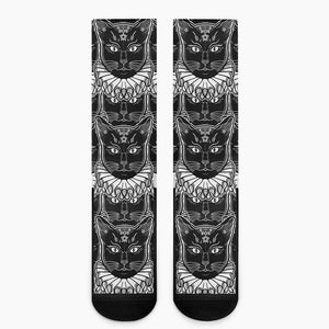 Black And White Gothic Wiccan Cat Print Crew Socks