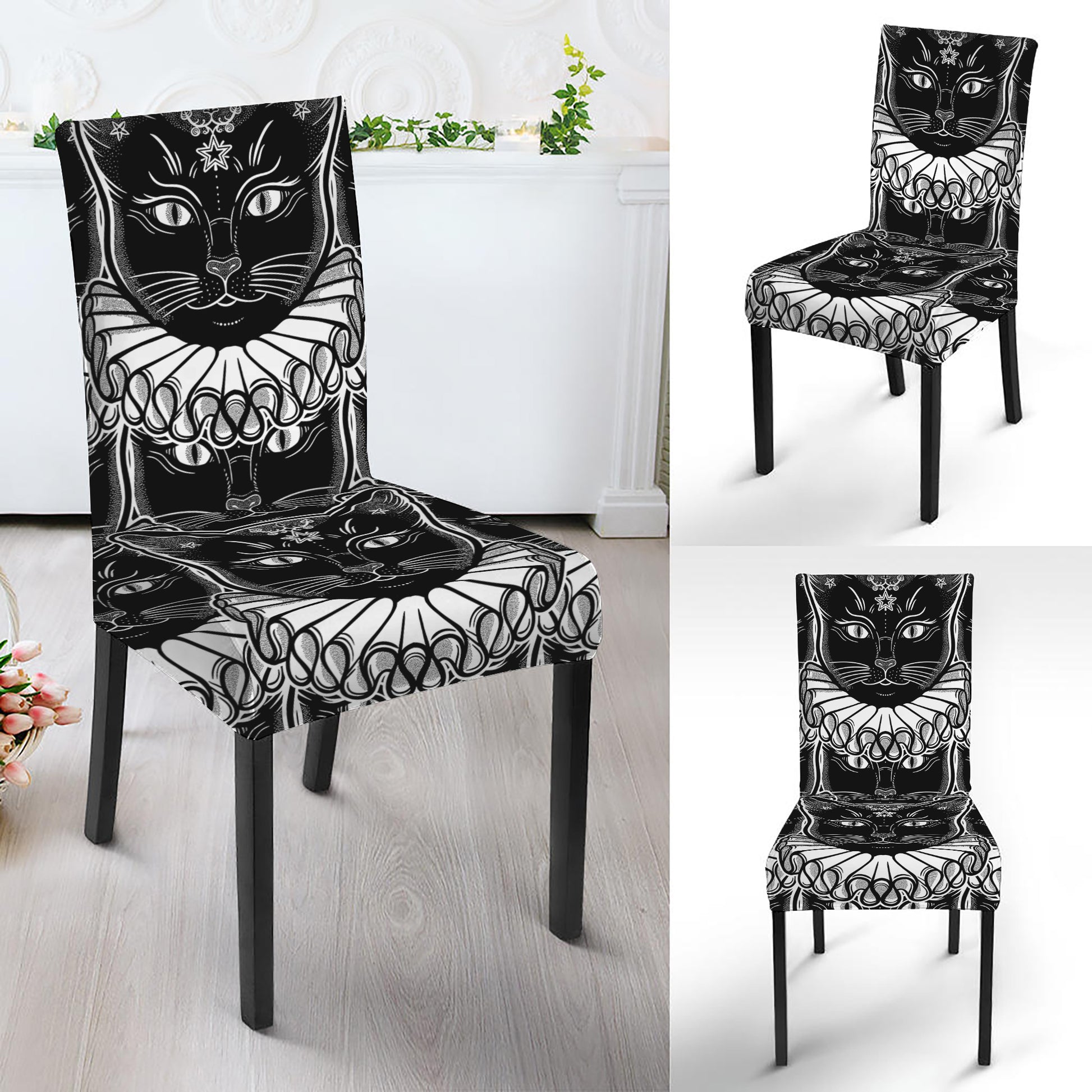 Black And White Gothic Wiccan Cat Print Dining Chair Slipcover