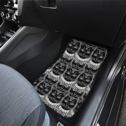 Black And White Gothic Wiccan Cat Print Front and Back Car Floor Mats