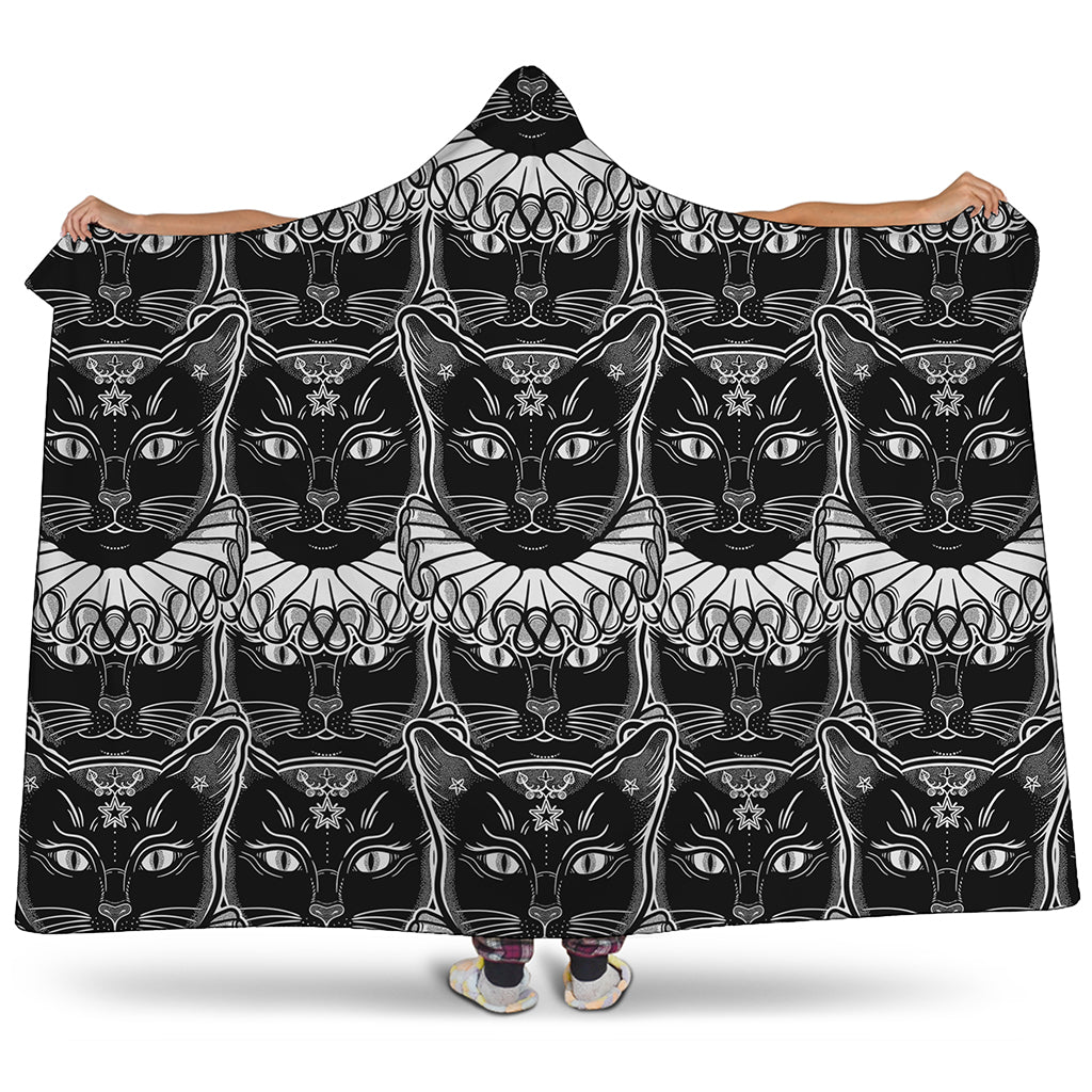 Black And White Gothic Wiccan Cat Print Hooded Blanket