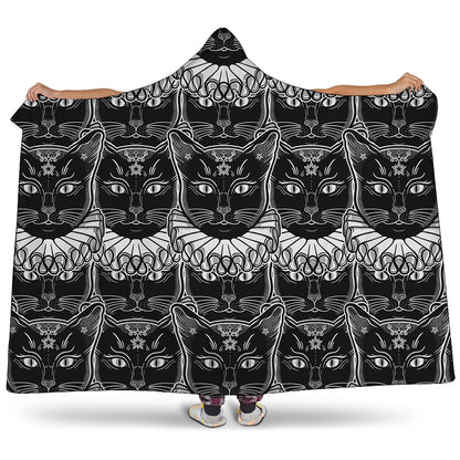 Black And White Gothic Wiccan Cat Print Hooded Blanket