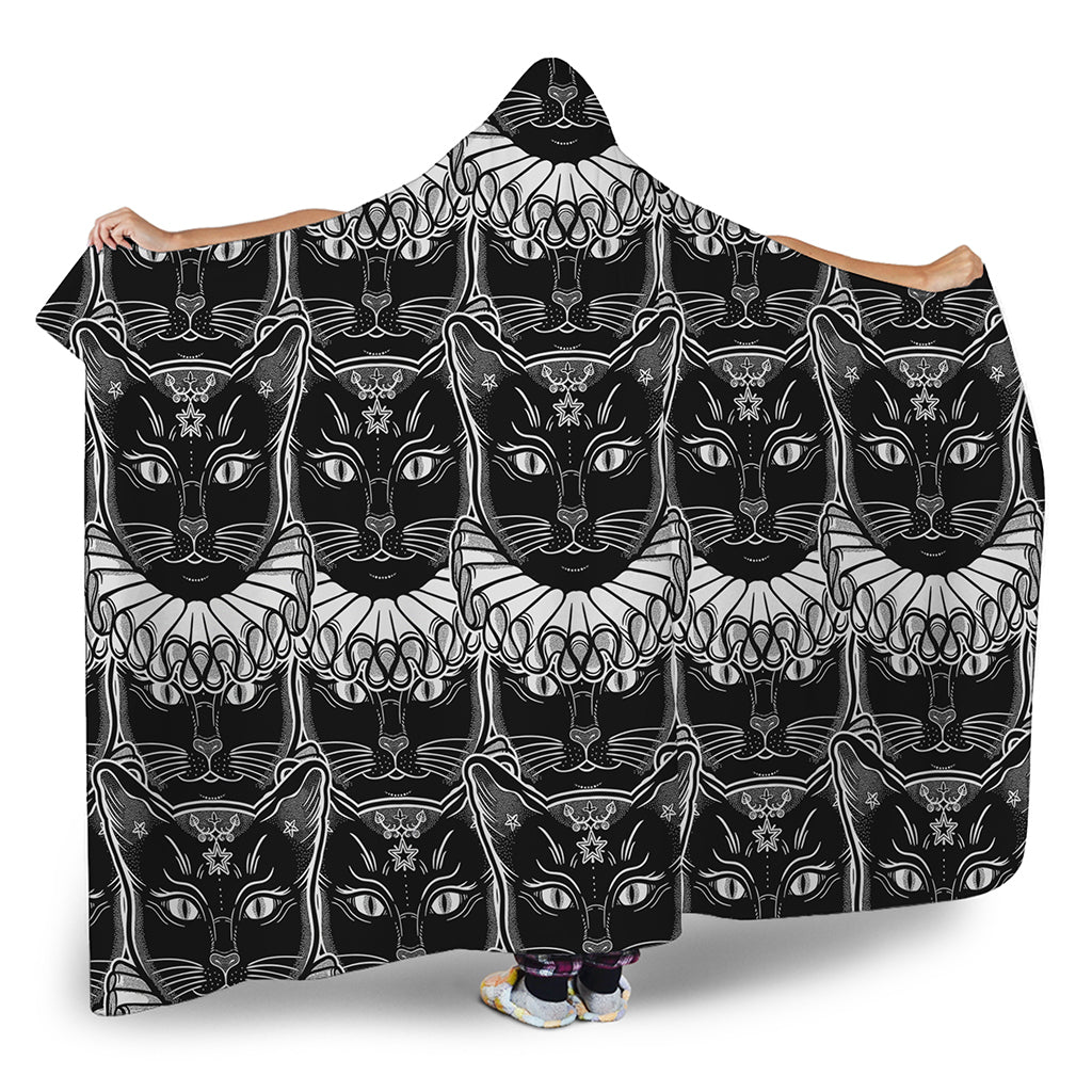 Black And White Gothic Wiccan Cat Print Hooded Blanket