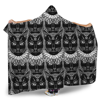 Black And White Gothic Wiccan Cat Print Hooded Blanket