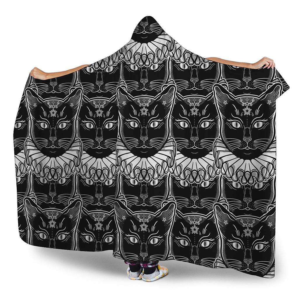 Black And White Gothic Wiccan Cat Print Hooded Blanket