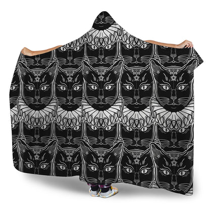 Black And White Gothic Wiccan Cat Print Hooded Blanket
