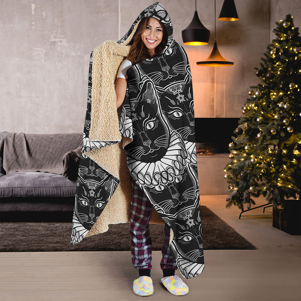 Black And White Gothic Wiccan Cat Print Hooded Blanket