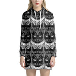 Black And White Gothic Wiccan Cat Print Hoodie Dress
